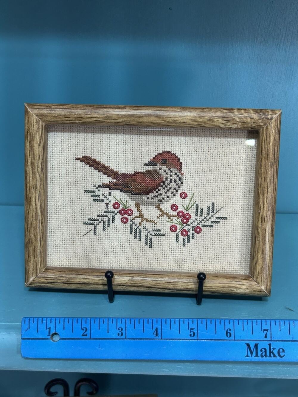 Vintage Framed Bird Cross Stitch Embroidery Berries Cottagecore Folk Art Decor